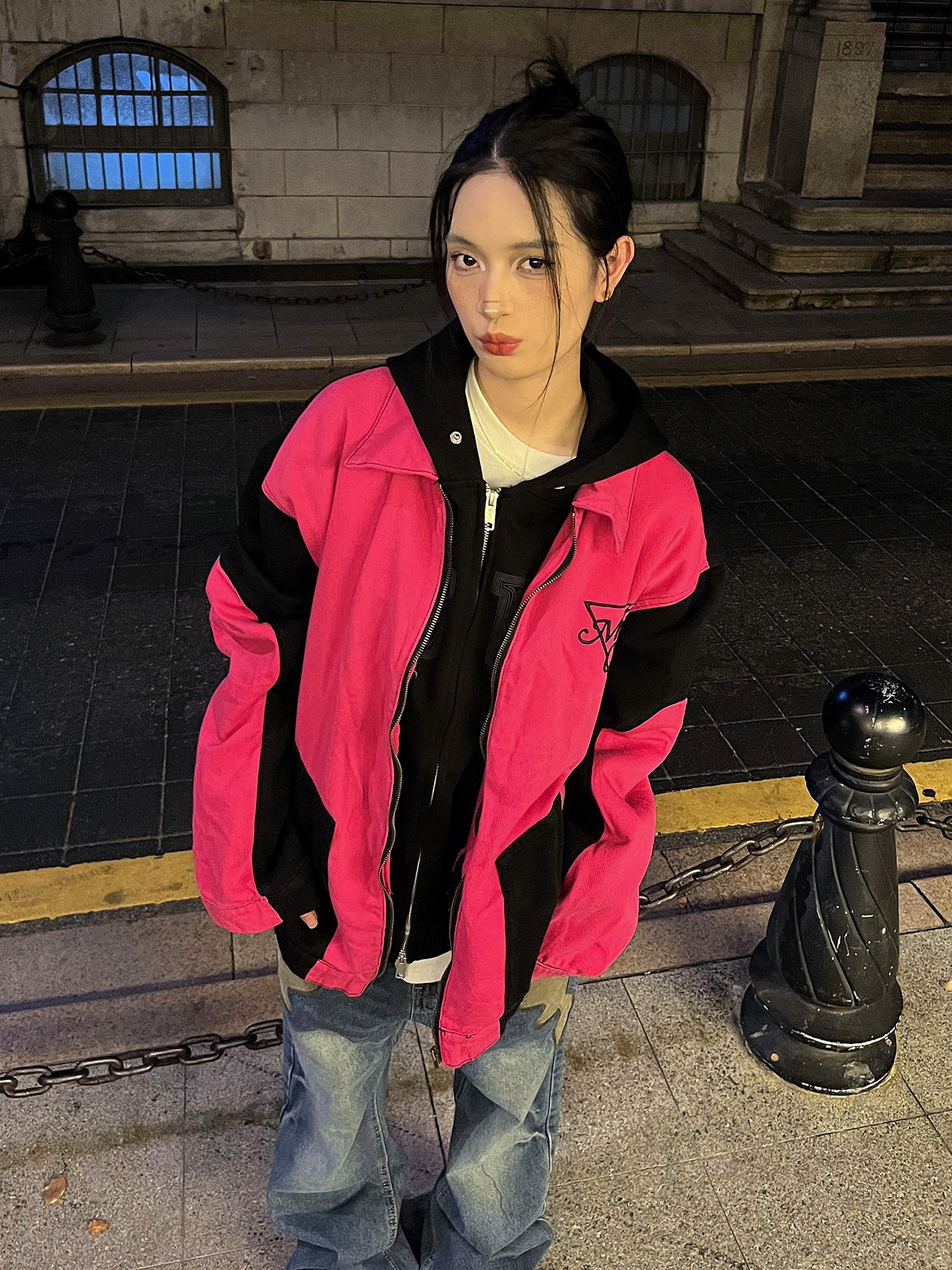 F383翻领春秋冬宽松夹克图片