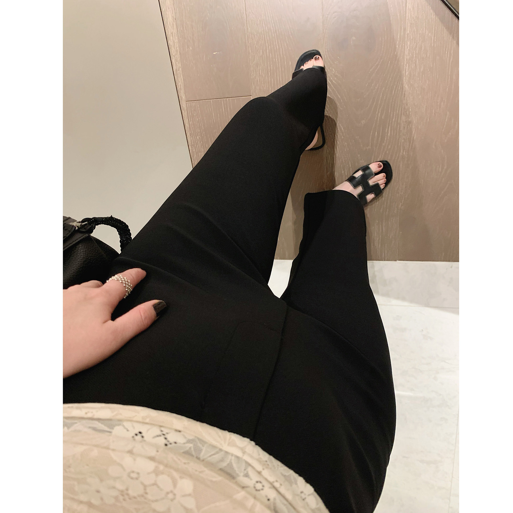 misslady黑色设计款弹性微喇叭修身九分裤子女高腰显瘦显高小个子