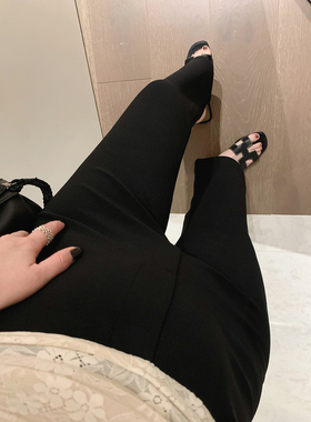 misslady黑色设计款弹性微喇叭修身九分裤子女高腰显瘦显高小个子