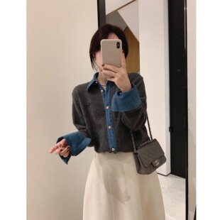 misslady自留洋气牛仔拼接羊毛针织上衣女韩系气质显瘦毛衣新款 潮