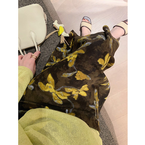 misslady洋气复古花朵高腰半身裙子女中长款垂感度假直筒a字显瘦