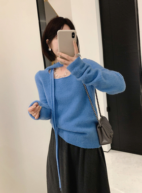 misslady洋气柔软蓝色带围巾毛衣女温柔宽松气质显瘦韩系针织新款