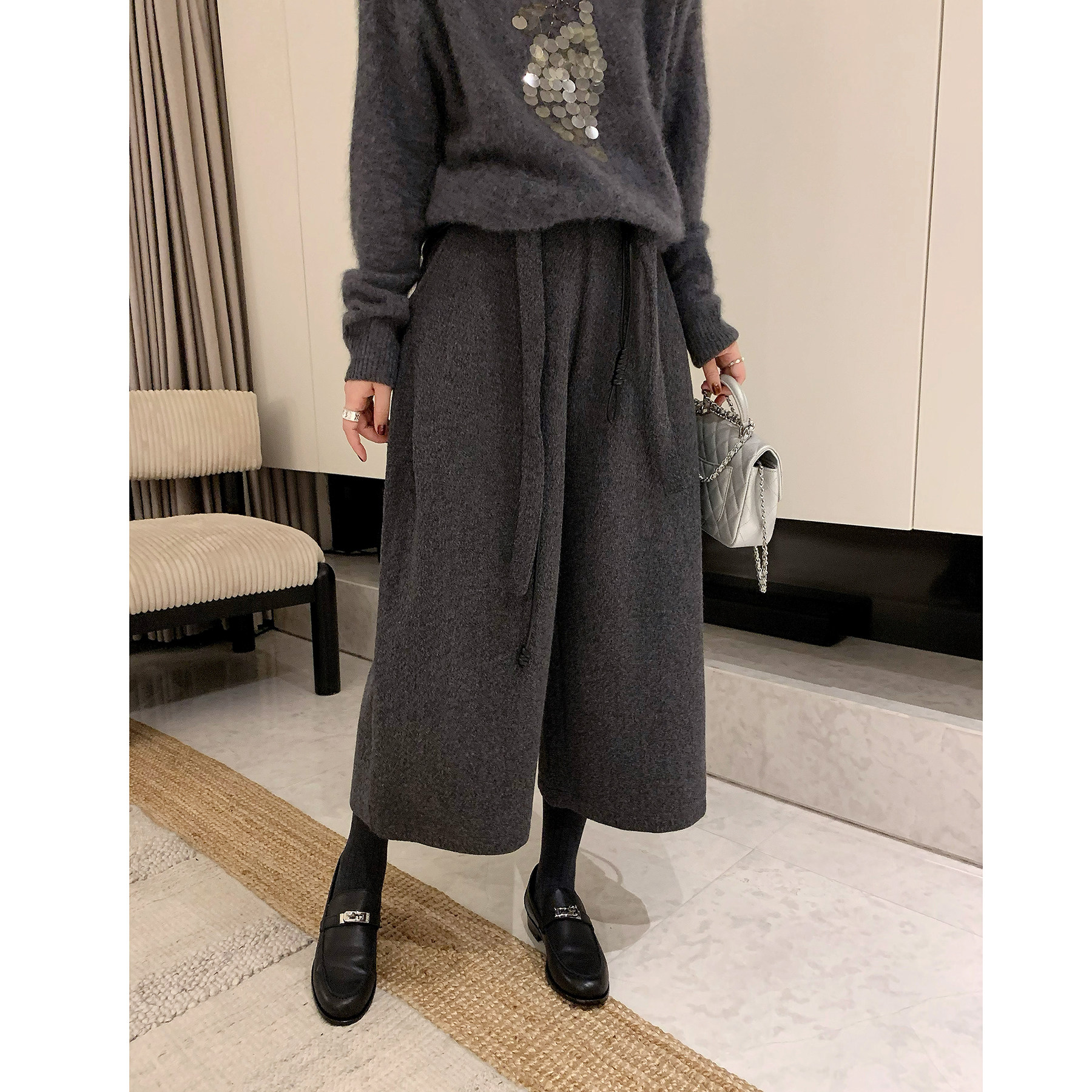 misslady休闲裤女毛感绒面抽绳松紧腰八分阔腿裤垂坠宽松显瘦裤子