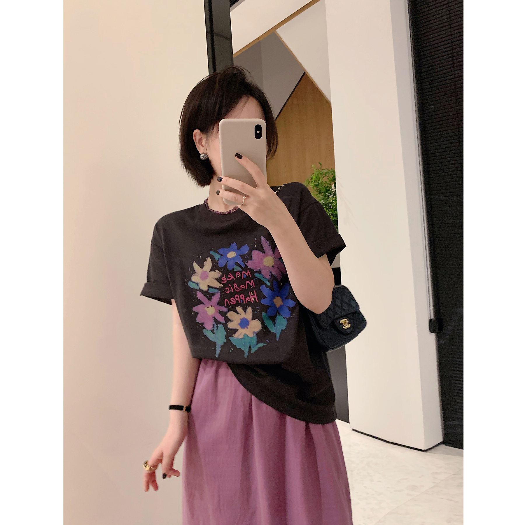 复古好美花朵印花短袖T恤