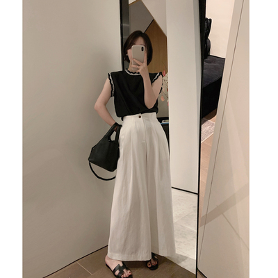 百搭时髦高腰白色阔腿裤
