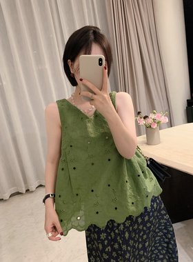 misslady复古刺绣花朵绿色背心V领无袖上衣女夏法式优雅短款气质