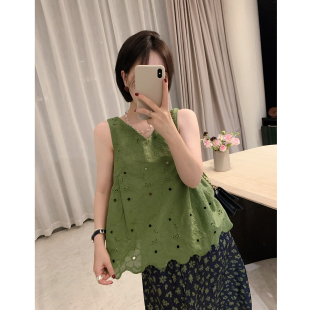气质 优雅短款 misslady复古刺绣花朵绿色背心V领无袖 上衣女夏法式