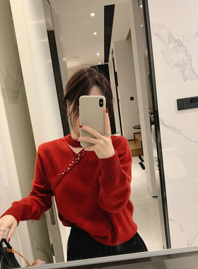 misslady洋气复古钉珠镂空羊毛成分毛衣女士上衣气质修身早春新款