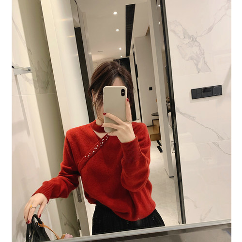 misslady洋气复古钉珠镂空羊毛成分毛衣女士上衣气质修身早春新款