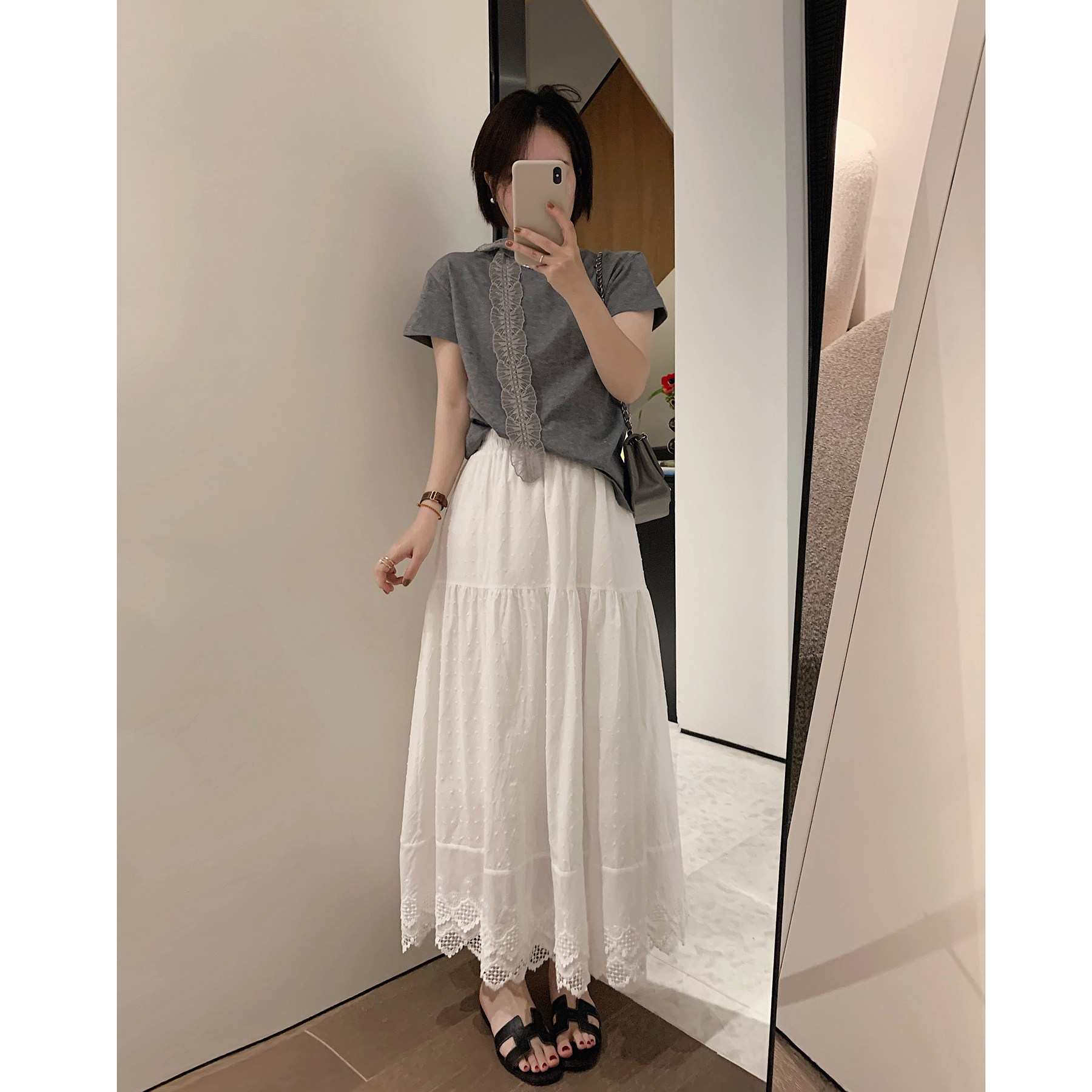 misslady自留款好美软糯立体点点蕾丝边半身裙大摆松紧腰显瘦遮胯