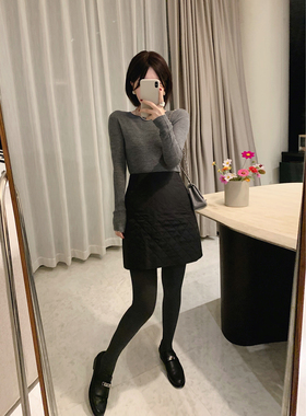 misslady洋气菱格纹理黑色半身裙子女高腰短裙百搭a字包臀小个子