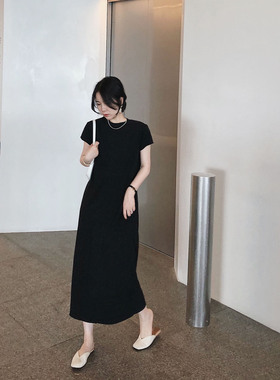 misslady自留韩国气质黑白简约纯色夏季高品质t裙连衣裙中长款