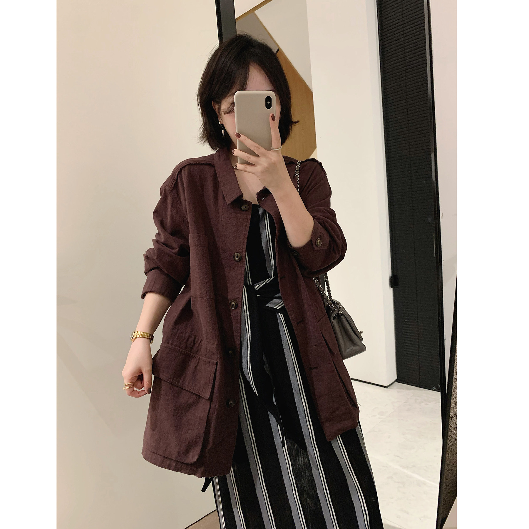 misslady工装外套女复古做旧亚麻中长款宽松翻领单排扣显瘦上衣秋