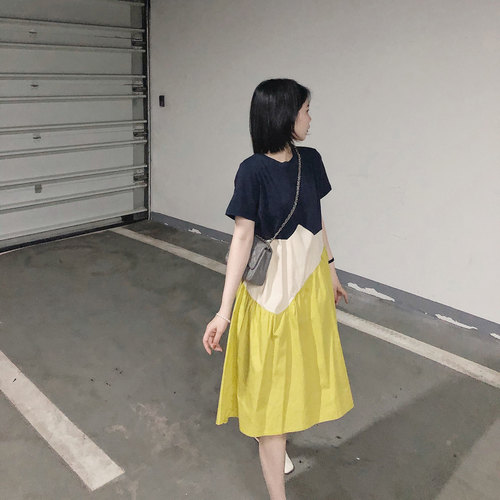 misslady复古风拼色几何连衣裙