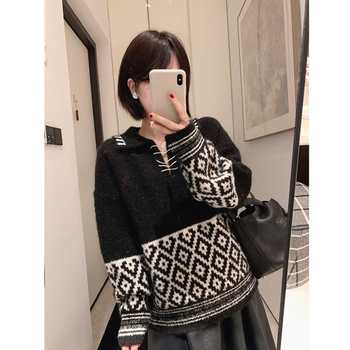 misslady自留洋气抽绳黑色几何翻领毛衣女士上衣秋冬新款英伦宽松