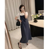 misslady简约复古圆领短袖 T恤吊带连衣裙两件套肩带可调节套装