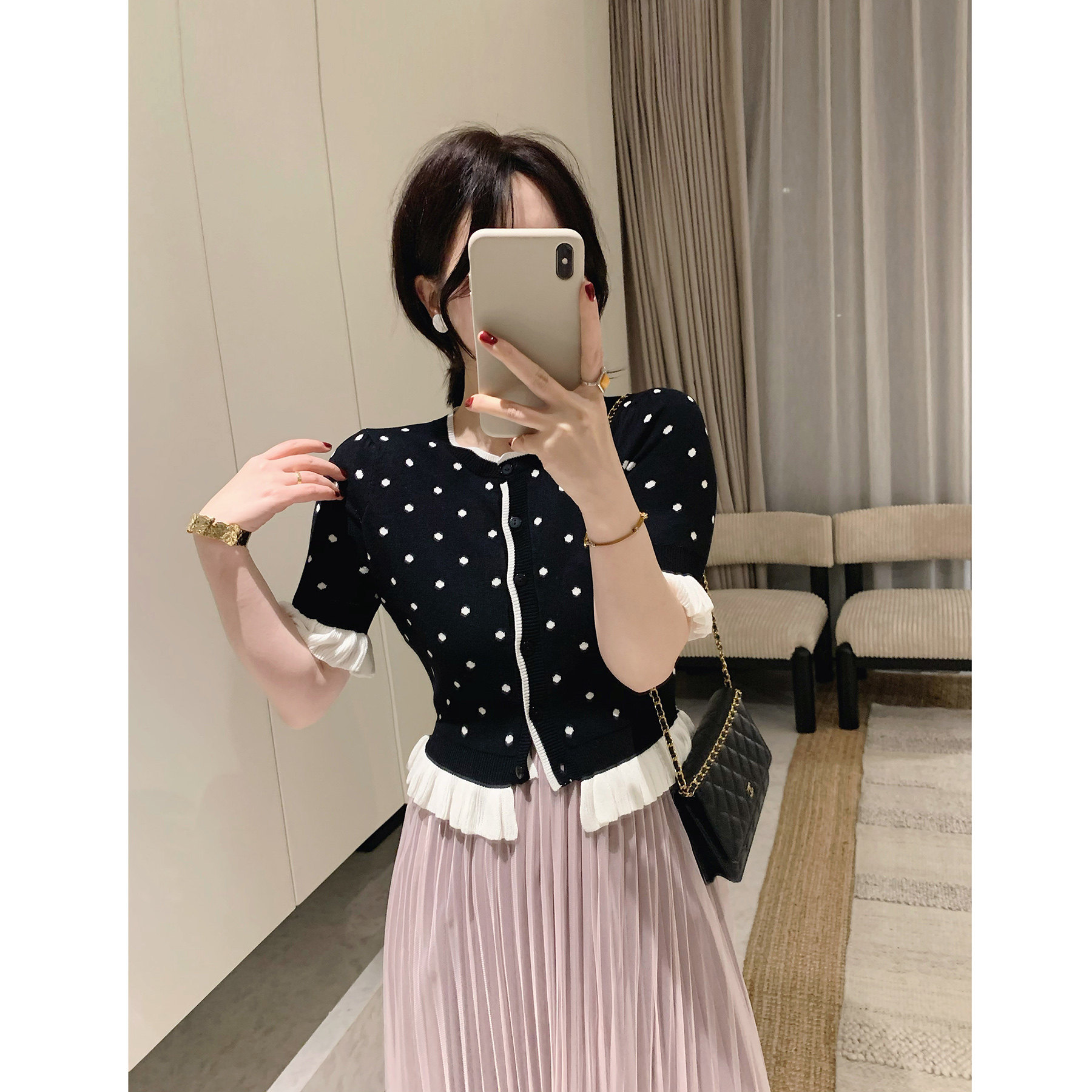 misslady柔软木耳边黑白波点短袖针织衫开衫上衣女短款收腰显瘦潮