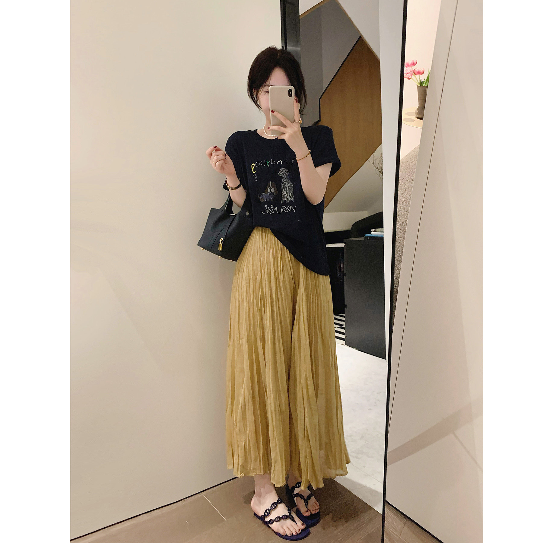 misslady麻料松紧高腰百褶半身裙女大摆垂感a字遮胯宽松飘逸长裙