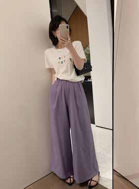 misslady复古显瘦九分紫色阔腿裤松紧高腰显瘦小个子长裤休闲裤女