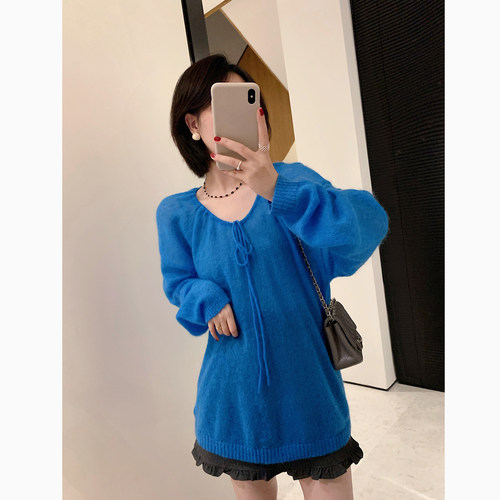 复古好美宝蓝色马海毛毛衣