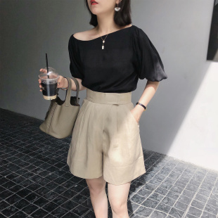 韩国高腰显腿长A字宽松阔腿裤 女2019新款 子 短裤 Misslady西装