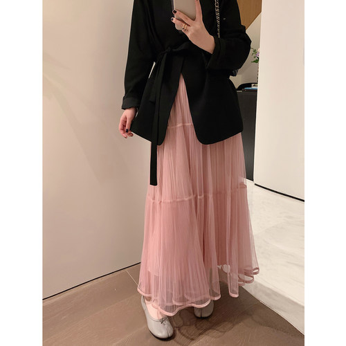 misslady气质百搭新款纯色网纱裙子女高腰a字大摆叠层半身裙长款