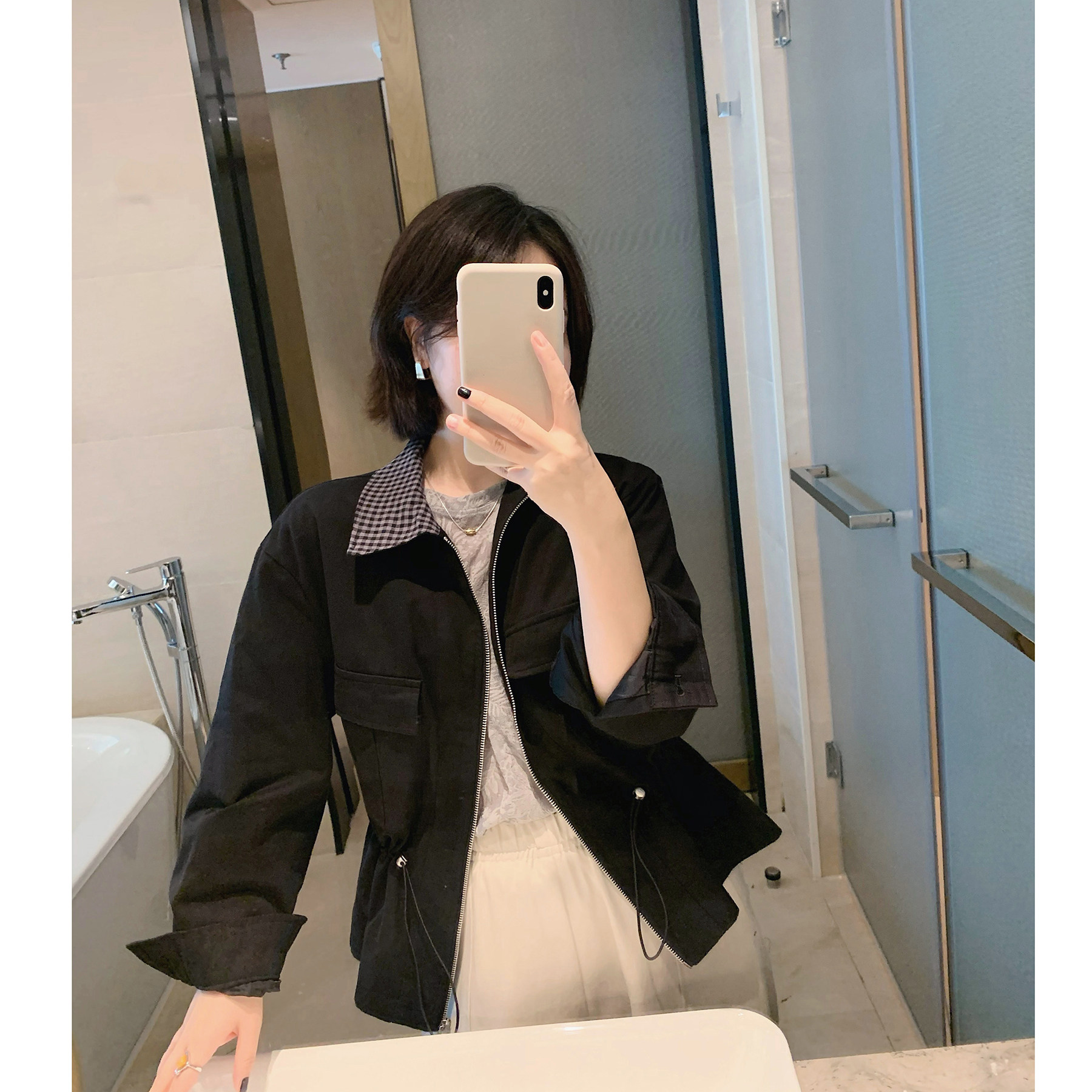 misslady收腰系带格子翻领夹克短外套女秋季新款风衣韩系工装通勤