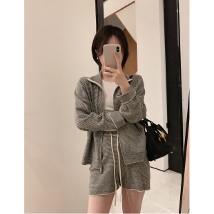 misslady复古软糯针织拉链卫衣外套系带短裤 两件套女舒适百搭 套装