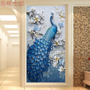 3d立体浮雕孔雀墙纸壁画玄关壁纸客厅电视背景墙壁画餐厅过道走廊