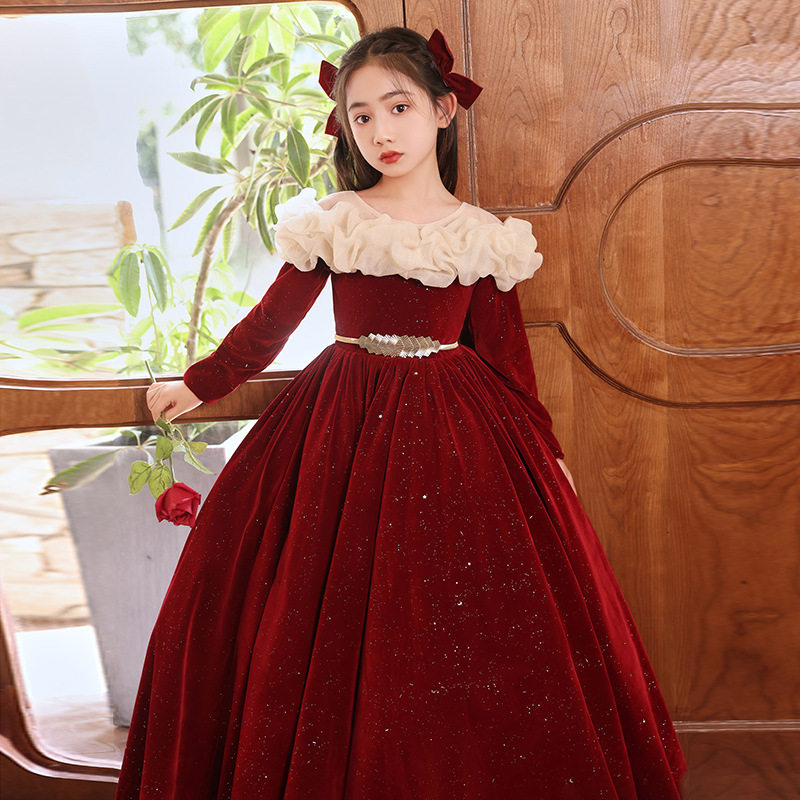 女童一字肩绝美气质公主裙红色礼服小女孩花童生日钢琴主持人演出图片