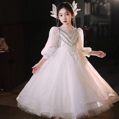 白色超仙气质公主裙女大童秋冬高端大码蓬蓬裙主持人生日花童礼服