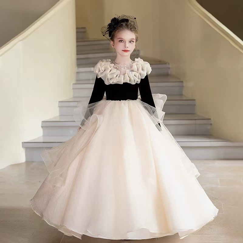 女中大童法式丝绒礼服长袖秋冬季小女孩生日公主裙主持人钢琴表演