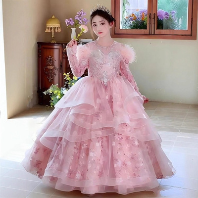 小女孩粉色甜美公主裙高端礼服女大童秋冬季生日钢琴主持人小提琴