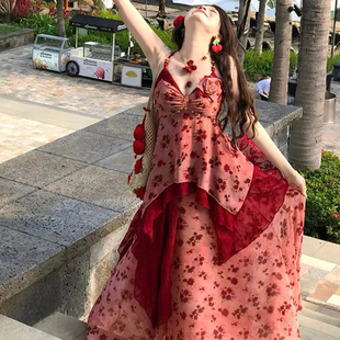 高级感碎花挂脖吊带不规则连衣裙子女夏绝美大方得体绝美海边度假