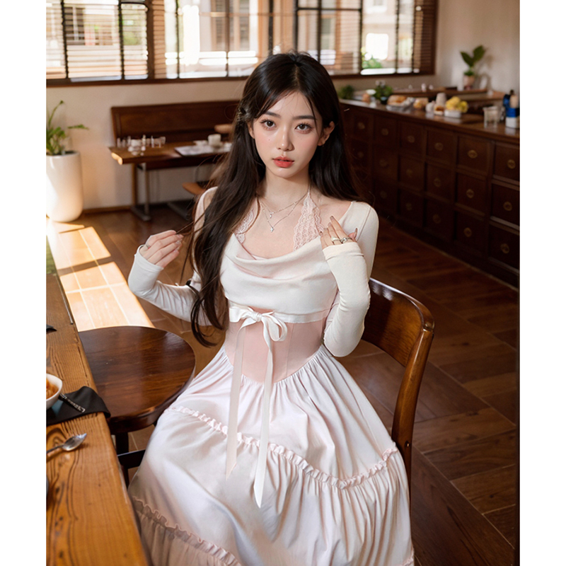 鸢尾诗行 粉色荡领系带束腰连衣裙女2025春季新款高级感气质长裙