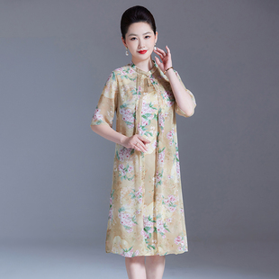 真絲連衣裙女士國(guó)風(fēng)中老年媽媽夏裝 桑蠶絲裙子 新款 聲雨竹2025夏季