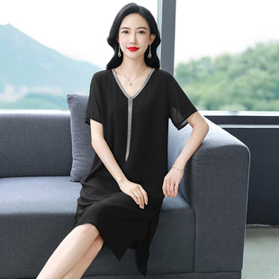 聲雨竹2025年新款 V領(lǐng)桑蠶絲裙子 氣質(zhì)中年媽媽夏裝 真絲連衣裙時尚