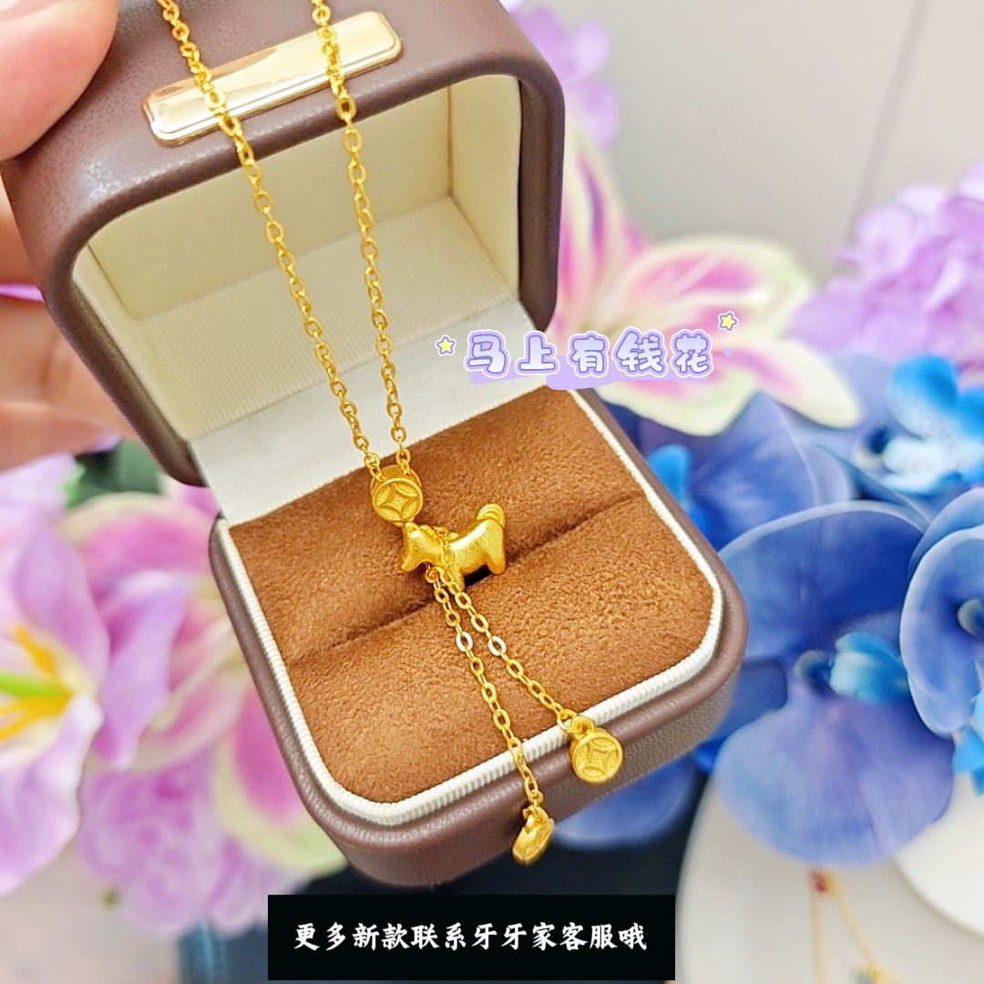 新中式轻奢风古法24k金马上有钱花流苏吊坠项链马到成功小马铜钱