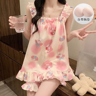 甜美风睡衣女夏季 短袖 短裤 可爱美乐蒂玉桂狗自带胸垫两件家居套装
