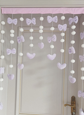 卡通蝴蝶结毛球门帘免打孔棉麻装饰帘持久不褪色DIY定制