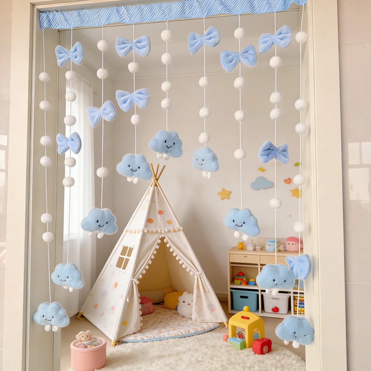 潮蓝朵朵少女心云朵门帘儿童房装饰挂帘免打孔隔断帘串珠帘玩具帘