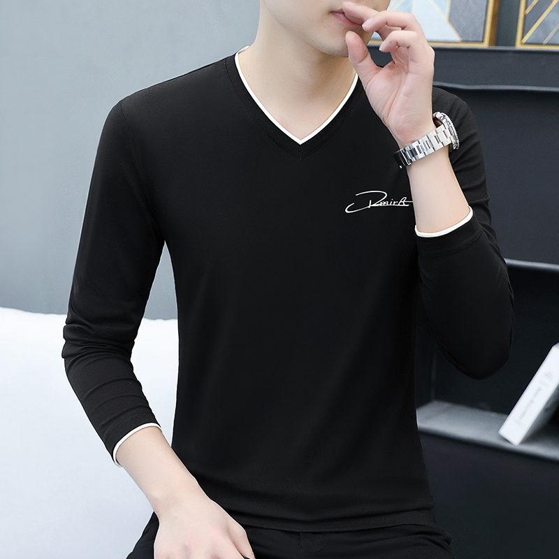 秋季纯棉V领长袖打底衫男士t恤
