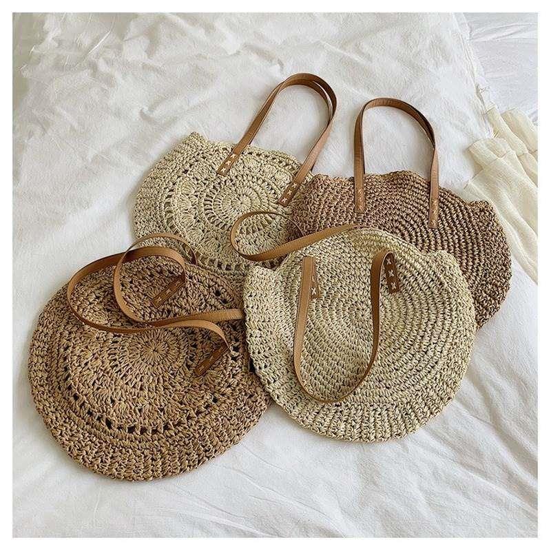 Round Straw Beach Bag Vintage Handmade Woven Shoulder Bag Ra