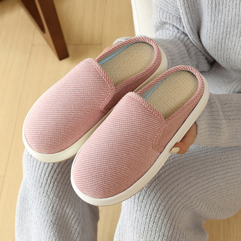 夏季新款男女款居家外穿亚麻包头拖鞋防滑吸汗增高厚底休闲布拖鞋