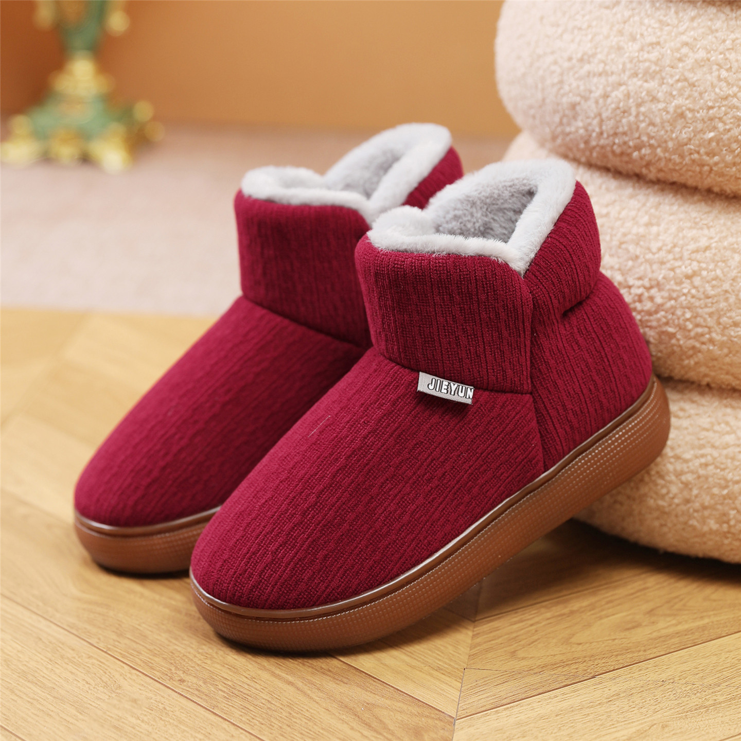 冬季加绒加厚男女款保暖棉鞋居家外穿高包跟中老年防滑厚底棉拖鞋
