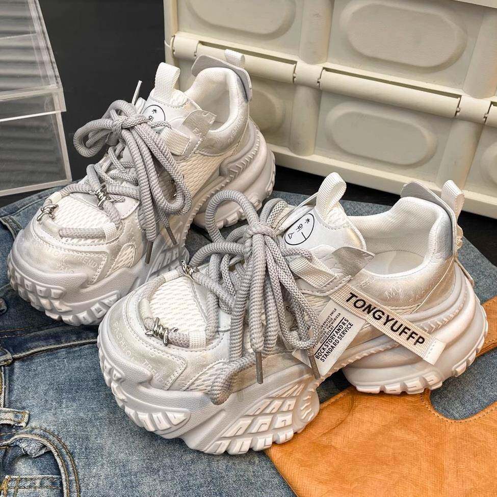 韩版真皮做旧擦色老爹鞋女2025年新款透气网面超轻厚底休闲运动鞋