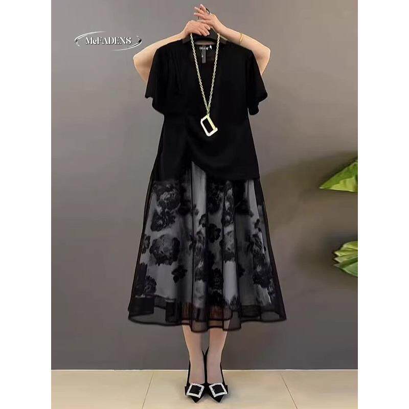 香港欧货夏款大码女装胖妹妹mm高级感减龄显瘦T恤半身裙两件套装