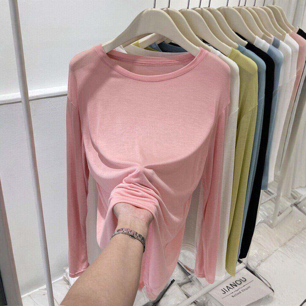 专柜莱赛尔天丝长袖t恤女2026夏季薄款宽松圆领冰丝防晒罩衫上衣