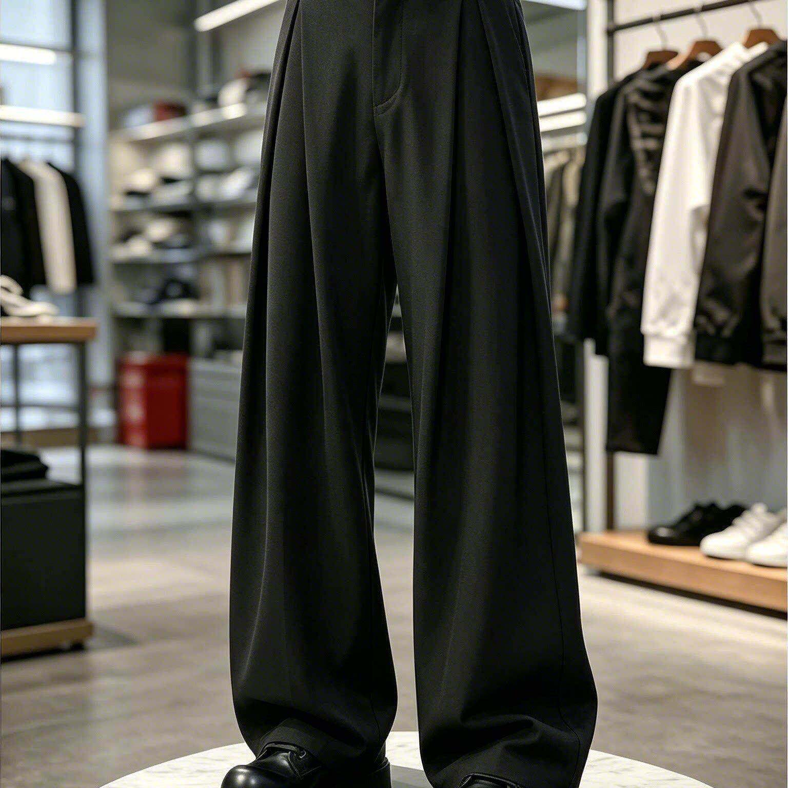 潮牌立体打褶冰丝西裤男夏季薄款垂坠感阔腿裤子高级感休闲西装裤