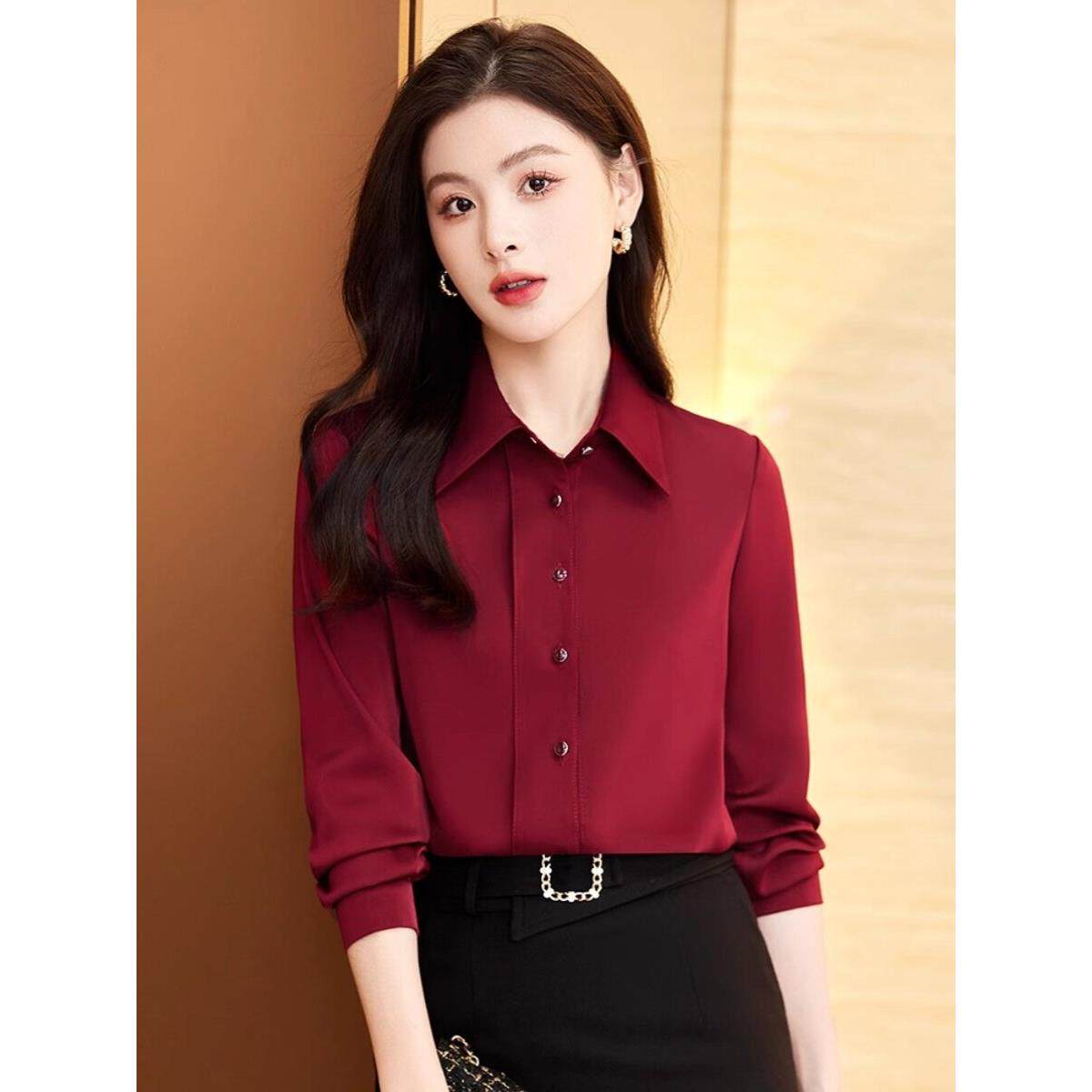 红色衬衫女春秋洋气时尚套装职业装气质职场ol女神范长袖雪纺上衣